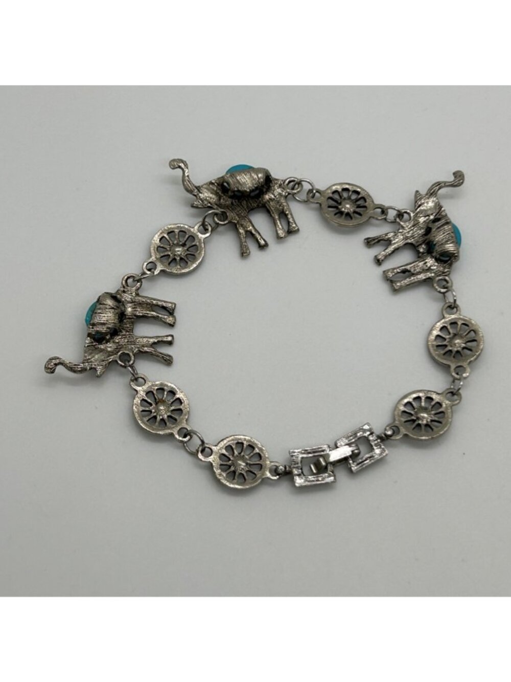 Boho Elephant Link Bracelet Silver Tone Turquoise Color Stone Bohemian Good Luck - Picture 2 of 12